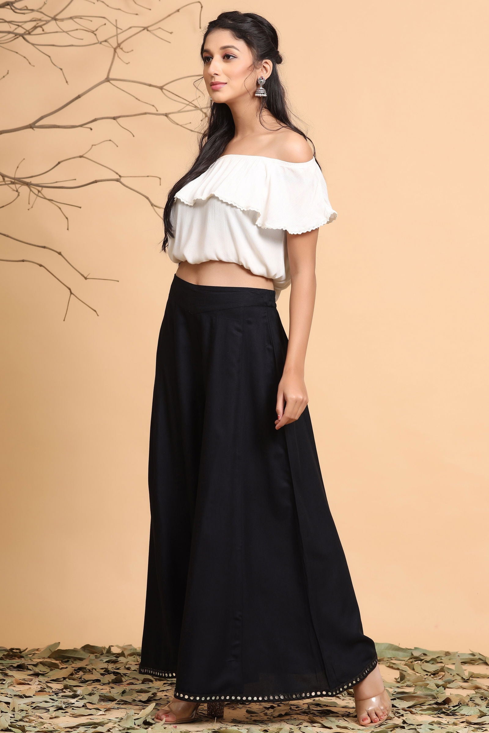 Black Solid Rayon Lacy Kalidar & Flared Palazzo | DesiQlo