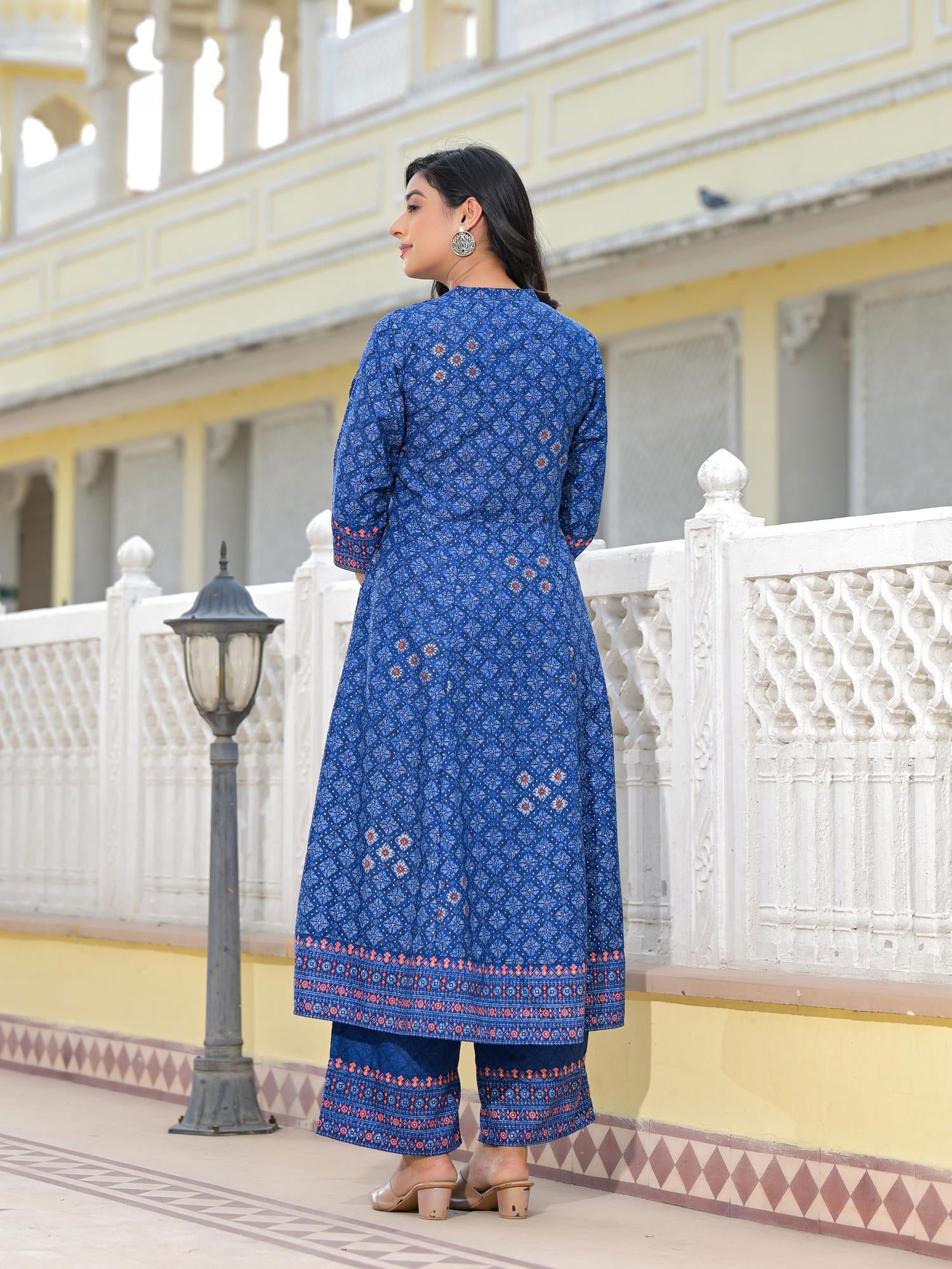 Blue Ethnic Motif Printed Cotton Kurta, Pant And Dupatta Set With Mirr