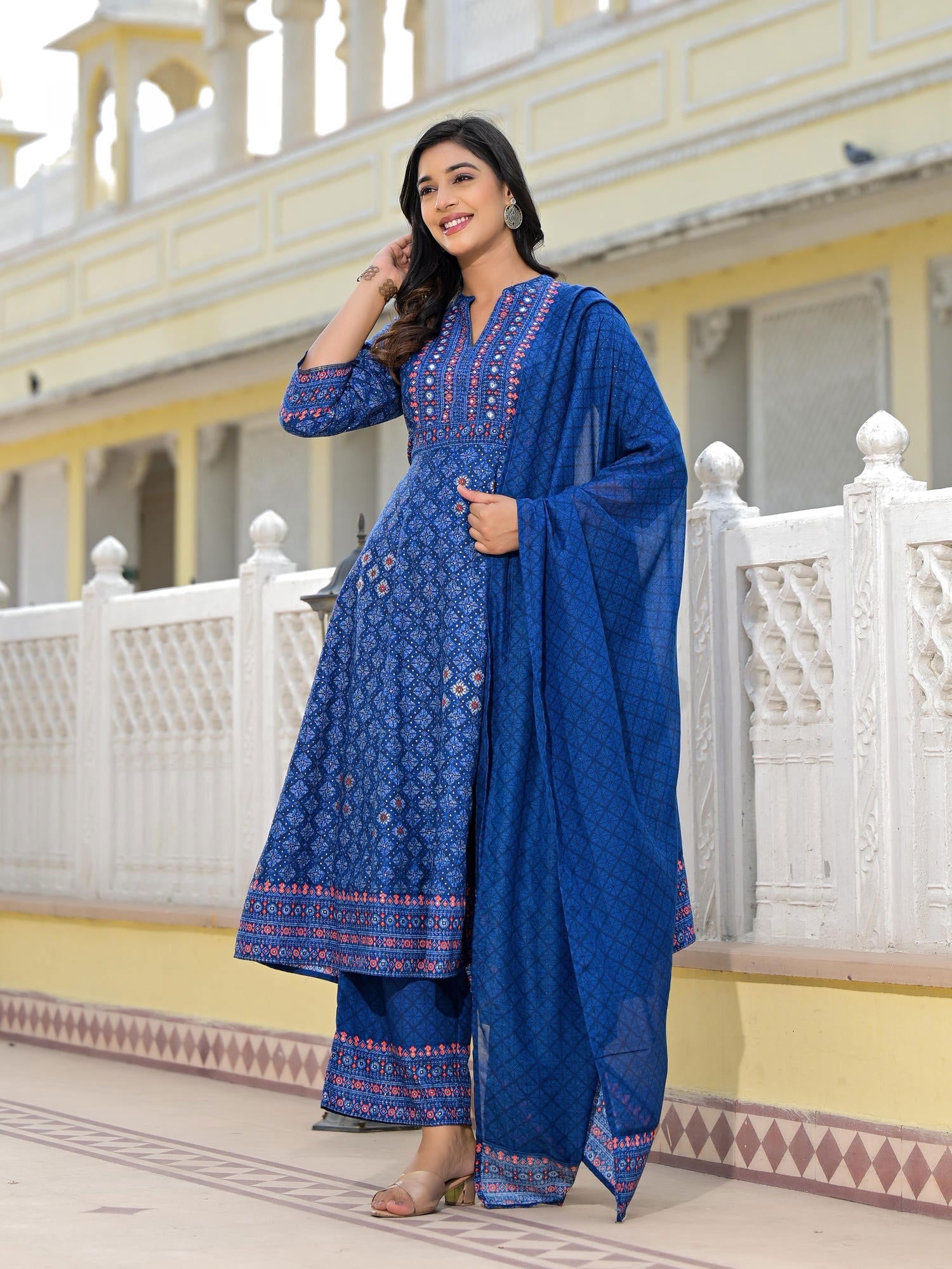 Blue Ethnic Motif Printed Cotton Kurta, Pant And Dupatta Set With Mirr