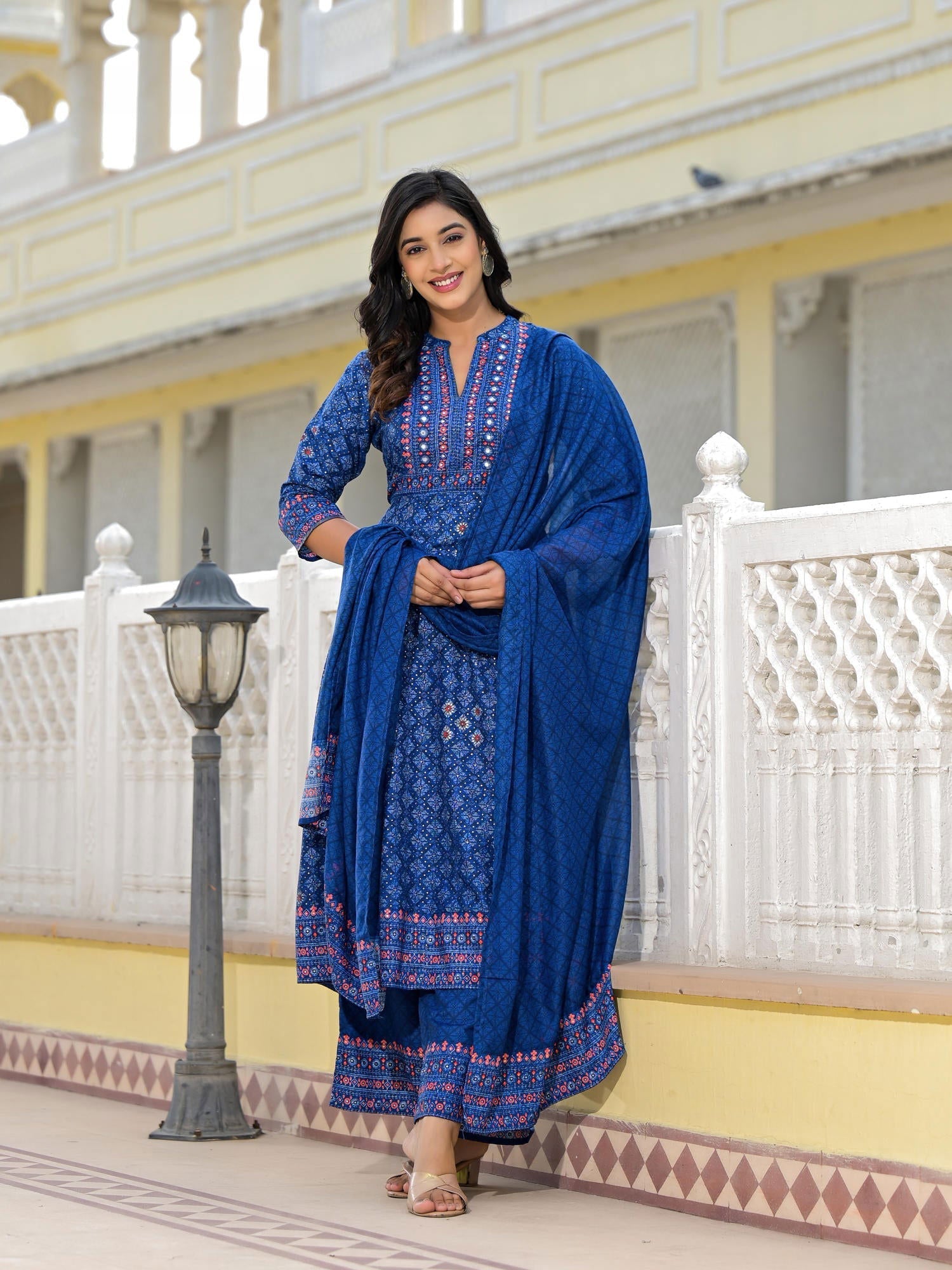 Blue Ethnic Motif Printed Cotton Kurta, Pant And Dupatta Set With Mirr