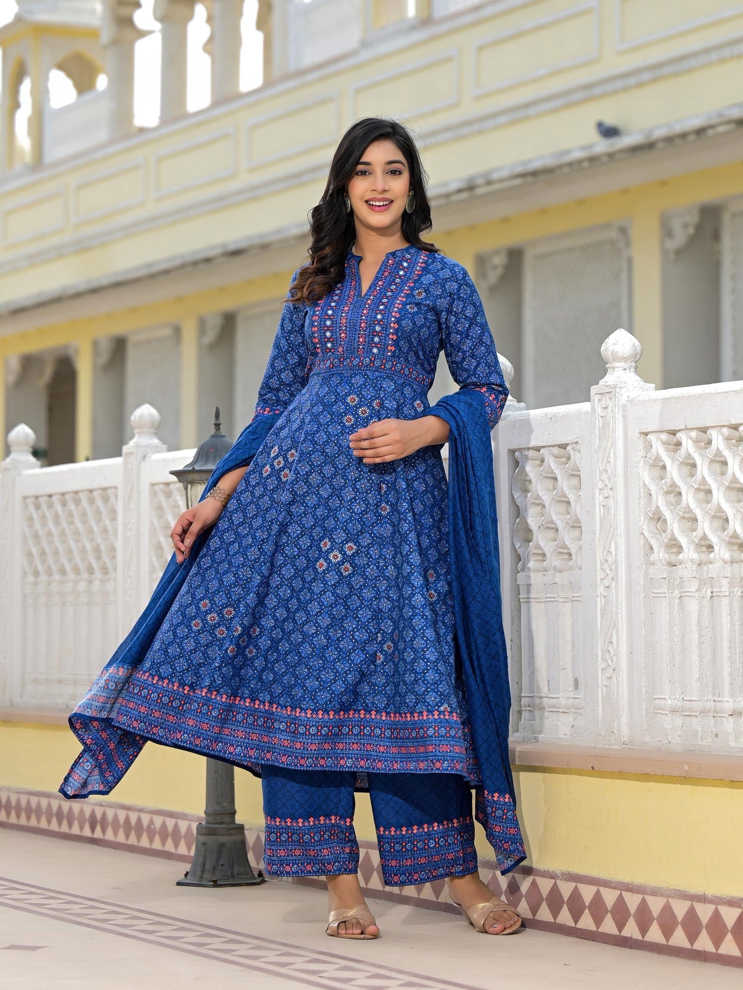Blue Ethnic Motif Printed Cotton Kurta, Pant And Dupatta Set With Mirr