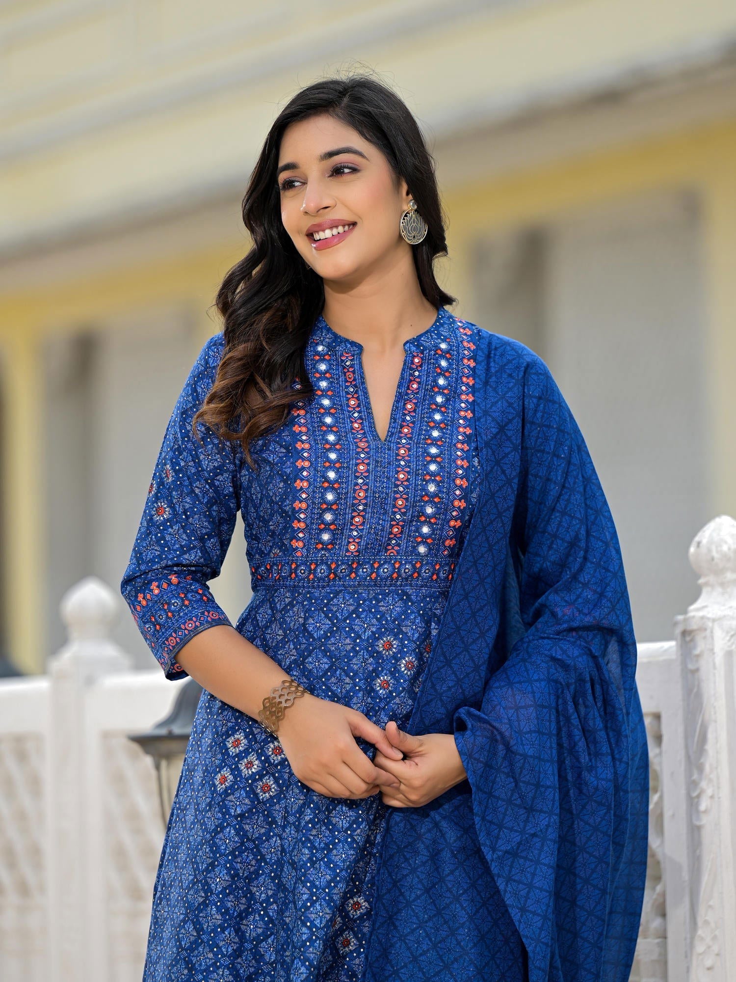 Blue Ethnic Motif Printed Cotton Kurta, Pant And Dupatta Set With Mirr