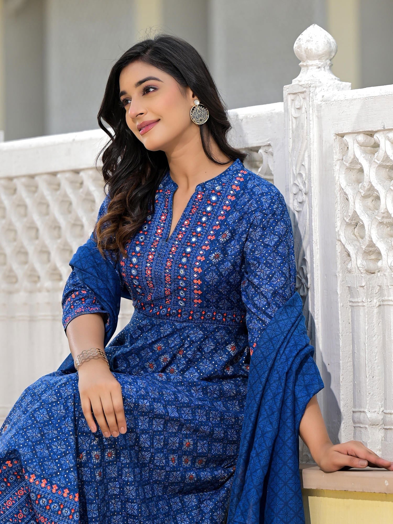Blue Ethnic Motif Printed Cotton Kurta, Pant And Dupatta Set With Mirr