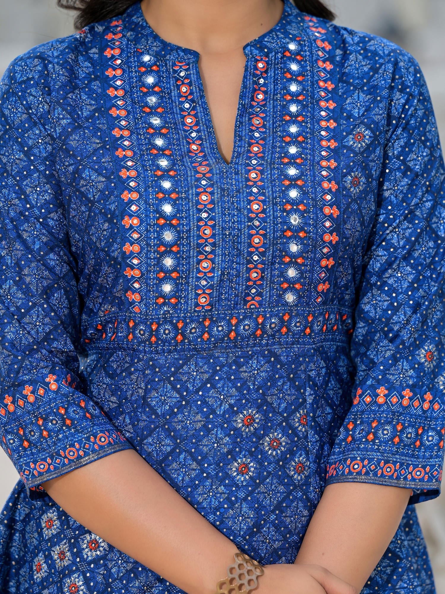 Blue Ethnic Motif Printed Cotton Kurta, Pant And Dupatta Set With Mirr