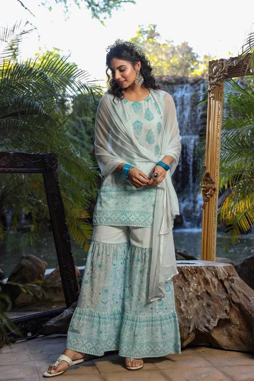 Blue Printed Sharara Suits | Designer Sharara Set for Women