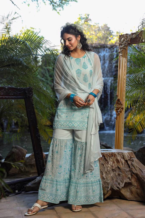 Blue Ethnic Motif Printed Georgette Kurta Sharara & Chiffon Dupatta Set-2964BLUEMULTI
