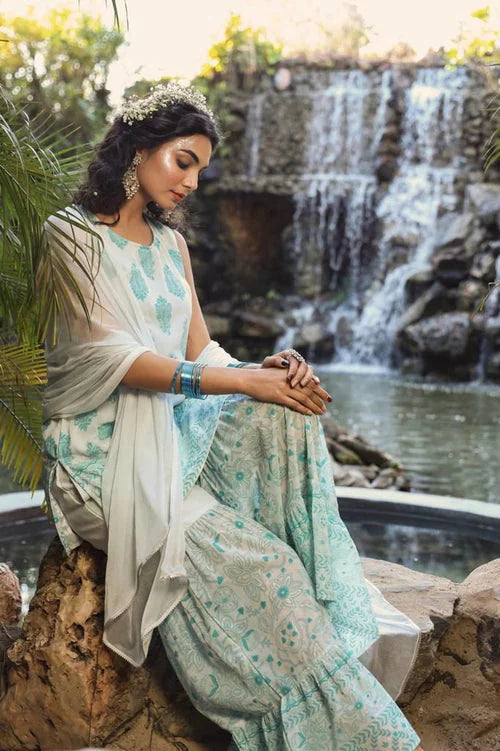 Blue Printed Sharara Suits | Designer Sharara Set for Women
