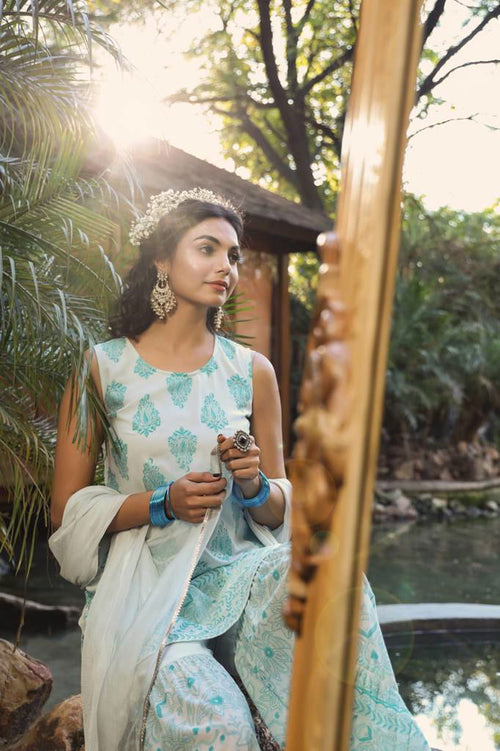 Blue Printed Sharara Suits | Designer Sharara Set for Women