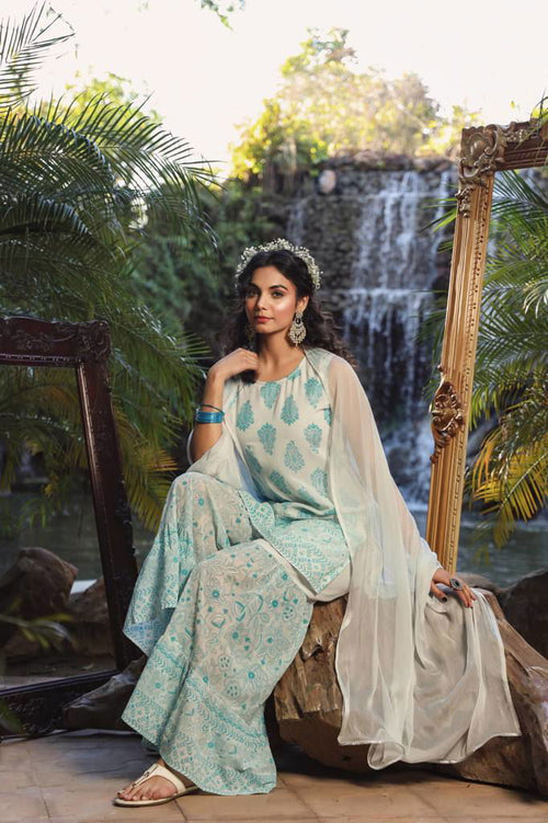 Blue Printed Sharara Suits | Designer Sharara Set for Women