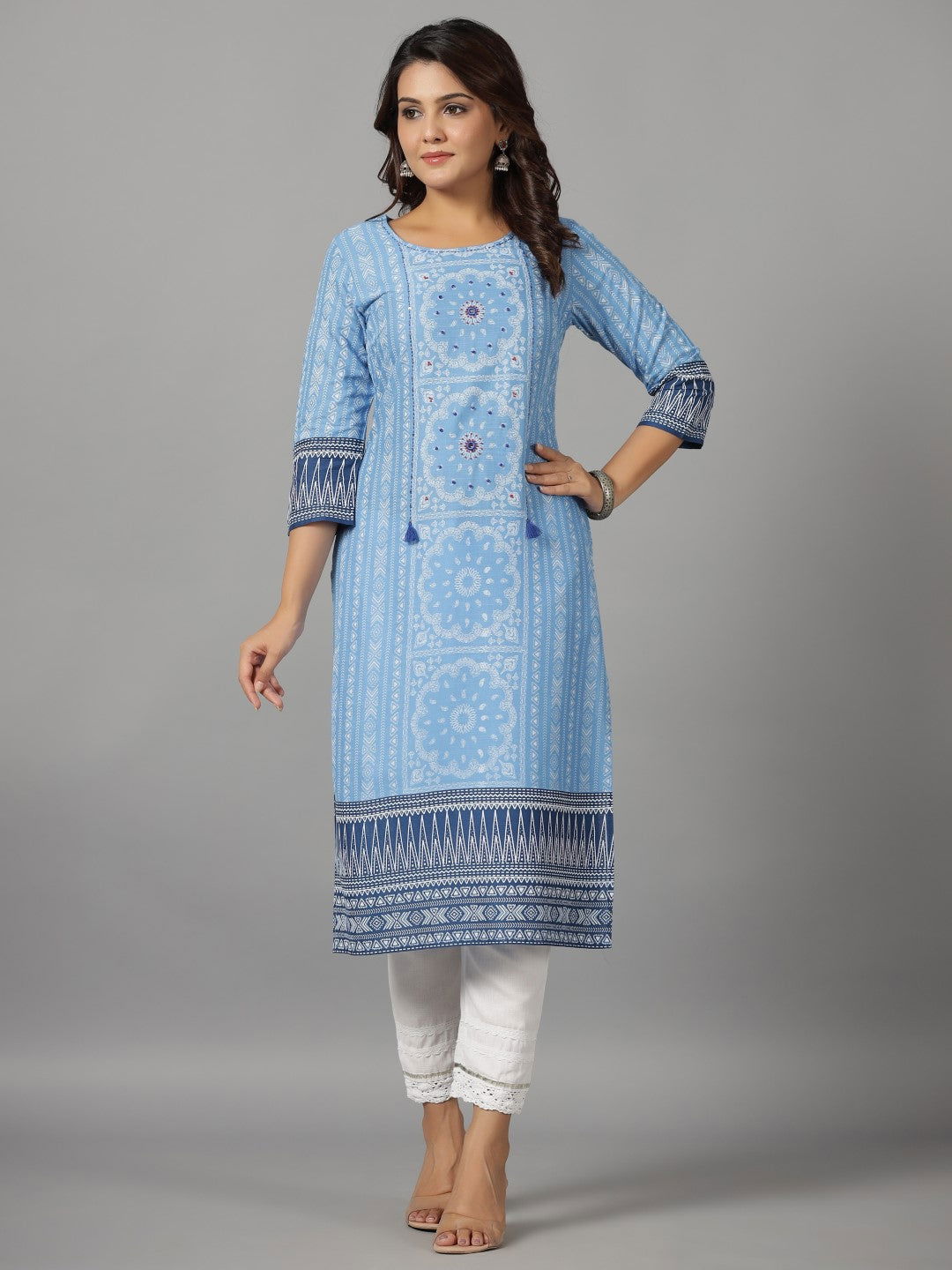 Juniper Blue Ethnic Motif Printed Rayon Slub Kurta With Beads & Sequins 