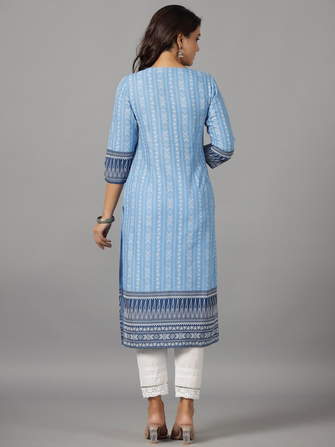 Blue Ethnic Motif Printed Rayon Slub Kurta With Beads & Sequins | Desi