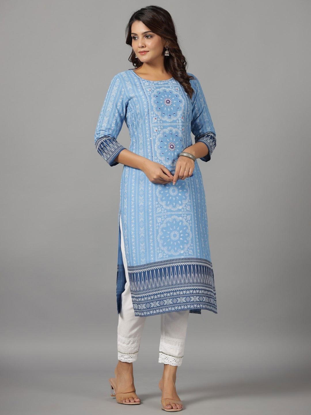 Blue Ethnic Motif Printed Rayon Slub Kurta With Beads & Sequins | Desi