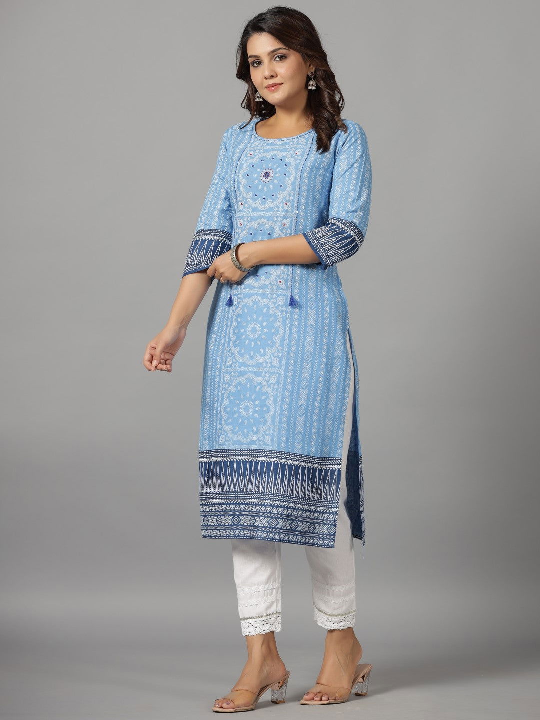 Blue Ethnic Motif Printed Rayon Slub Kurta With Beads & Sequins | Desi