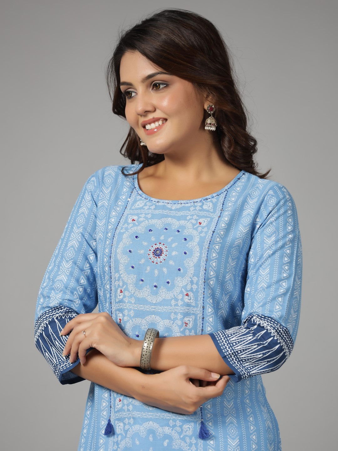 Blue Ethnic Motif Printed Rayon Slub Kurta With Beads & Sequins | Desi