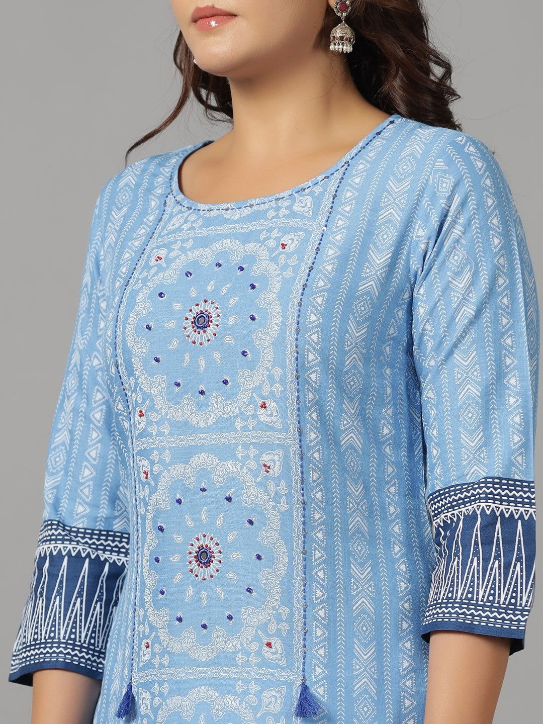 Blue Ethnic Motif Printed Rayon Slub Kurta With Beads & Sequins | Desi