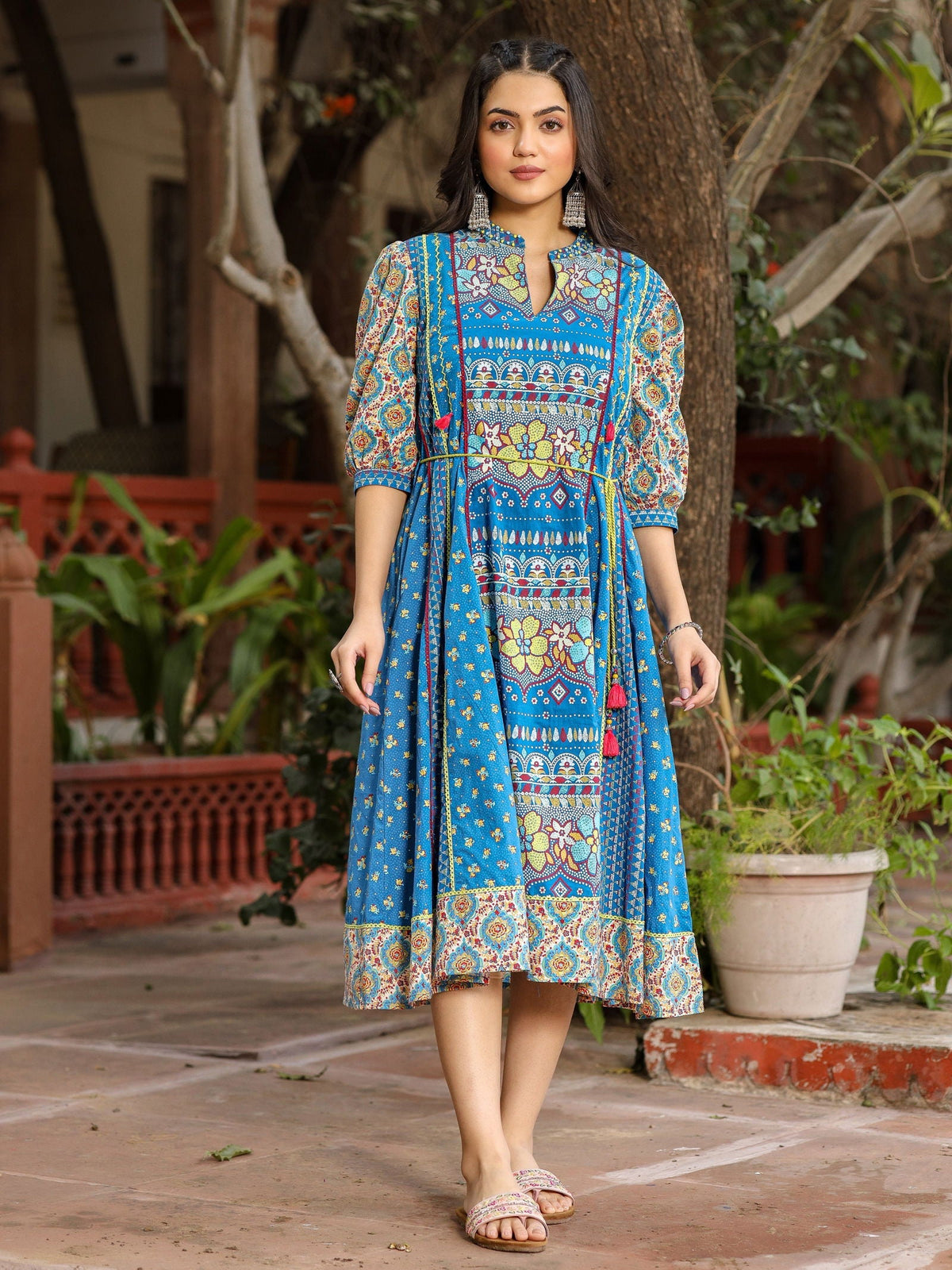 Juniper Blue Floral Printed Pure Cotton Dress & Doris With Beads Work 