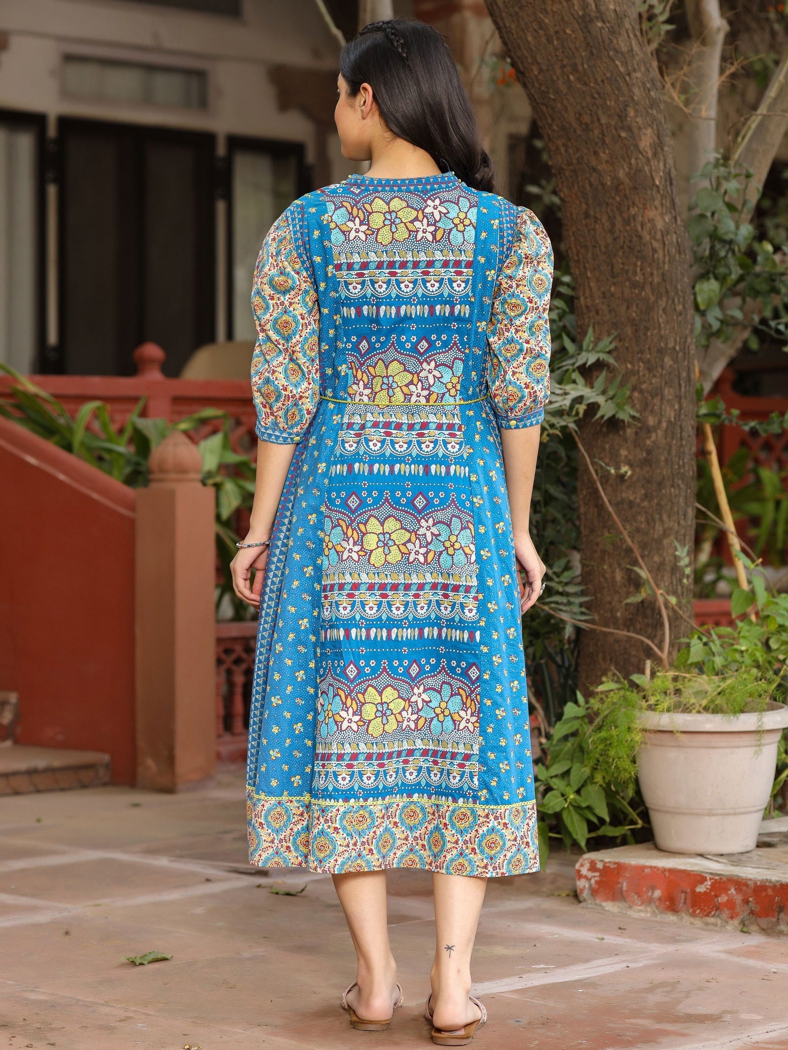 Blue Floral Printed Pure Cotton Dress & Doris With Beads Work | DesiQl