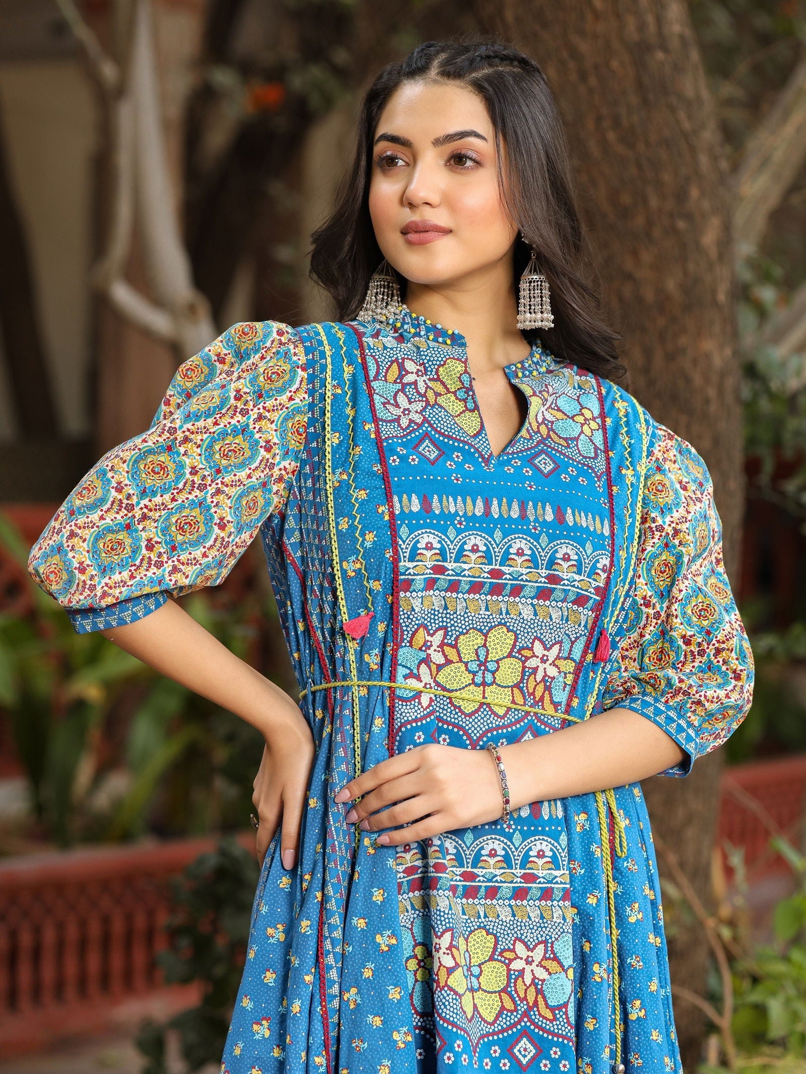 Blue Floral Printed Pure Cotton Dress & Doris With Beads Work | DesiQl