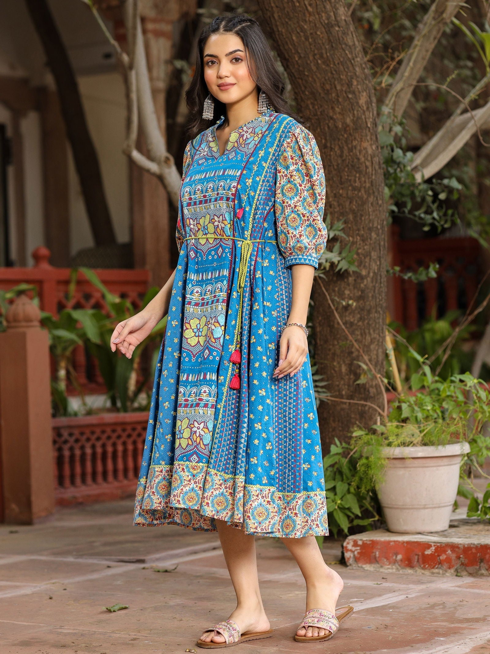 Blue Floral Printed Pure Cotton Dress & Doris With Beads Work | DesiQl