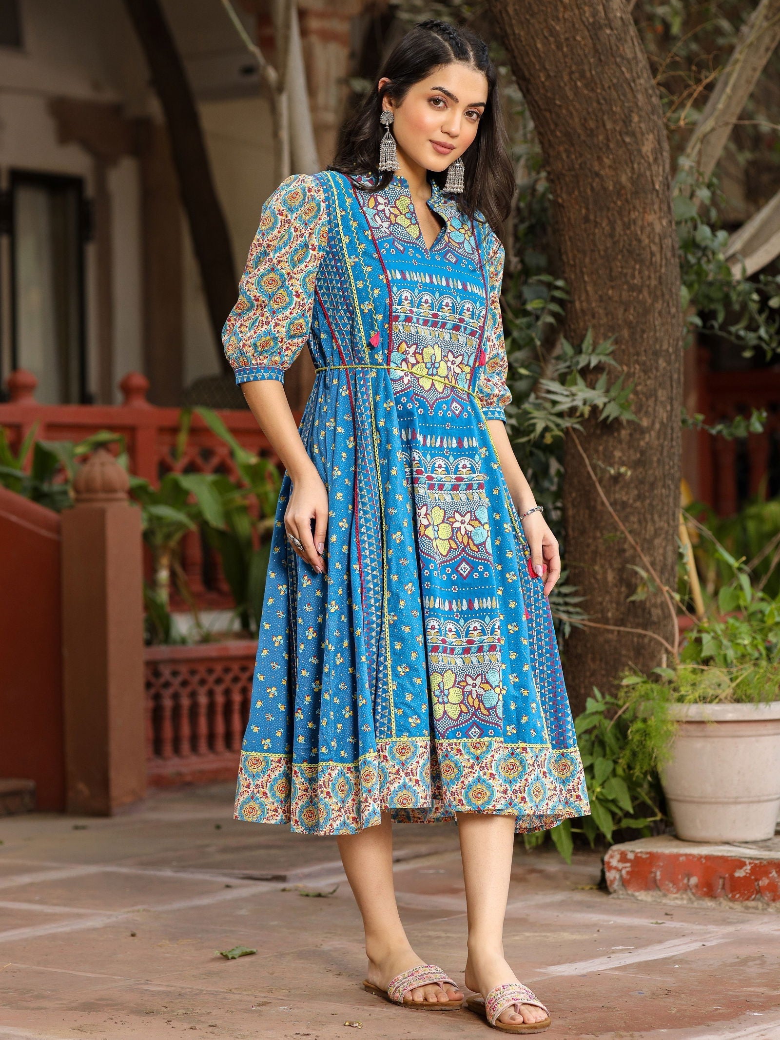 Blue Floral Printed Pure Cotton Dress & Doris With Beads Work | DesiQl