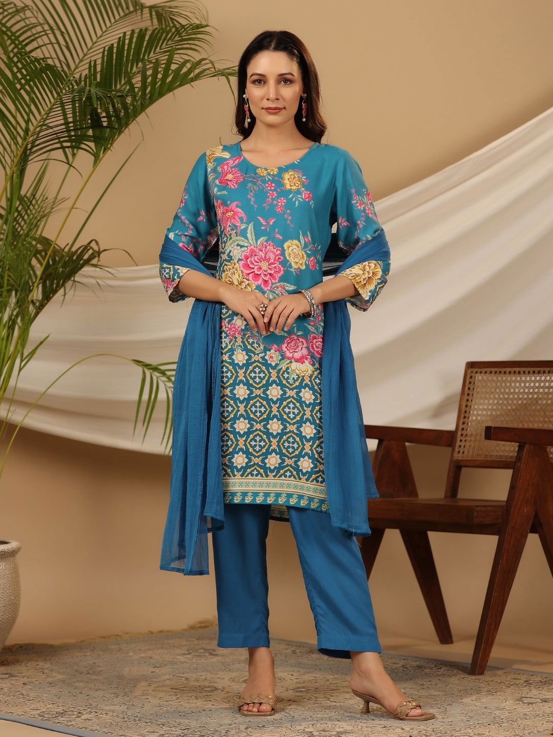 Blue Floral Printed Rayon Kurta Pants & Dupatta Set With Sequins Work 