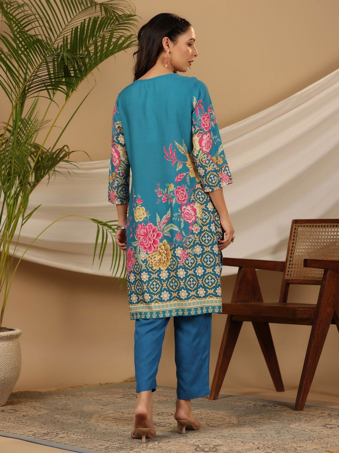 Blue Floral Printed Rayon Kurta Pants & Dupatta Set With Sequins Work 