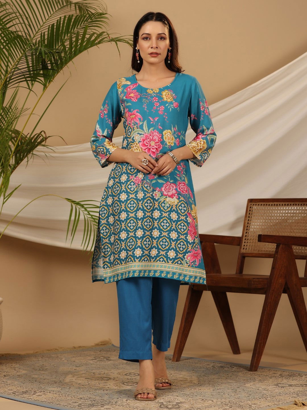 Blue Floral Printed Rayon Kurta Pants & Dupatta Set With Sequins Work 