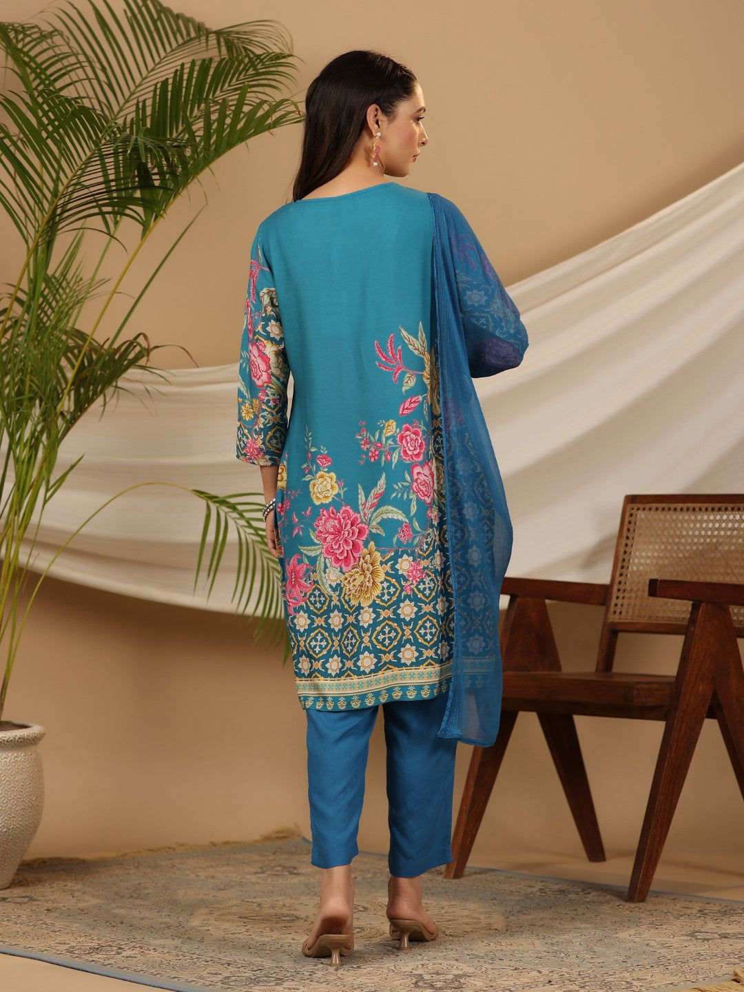 Blue Floral Printed Rayon Kurta Pants & Dupatta Set With Sequins Work 