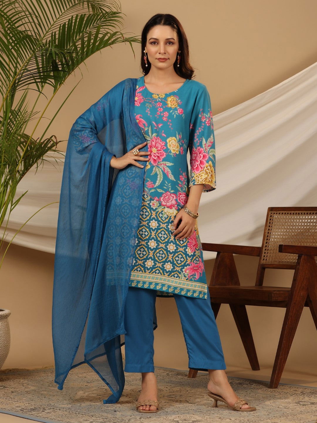 Blue Floral Printed Rayon Kurta Pants & Dupatta Set With Sequins Work 