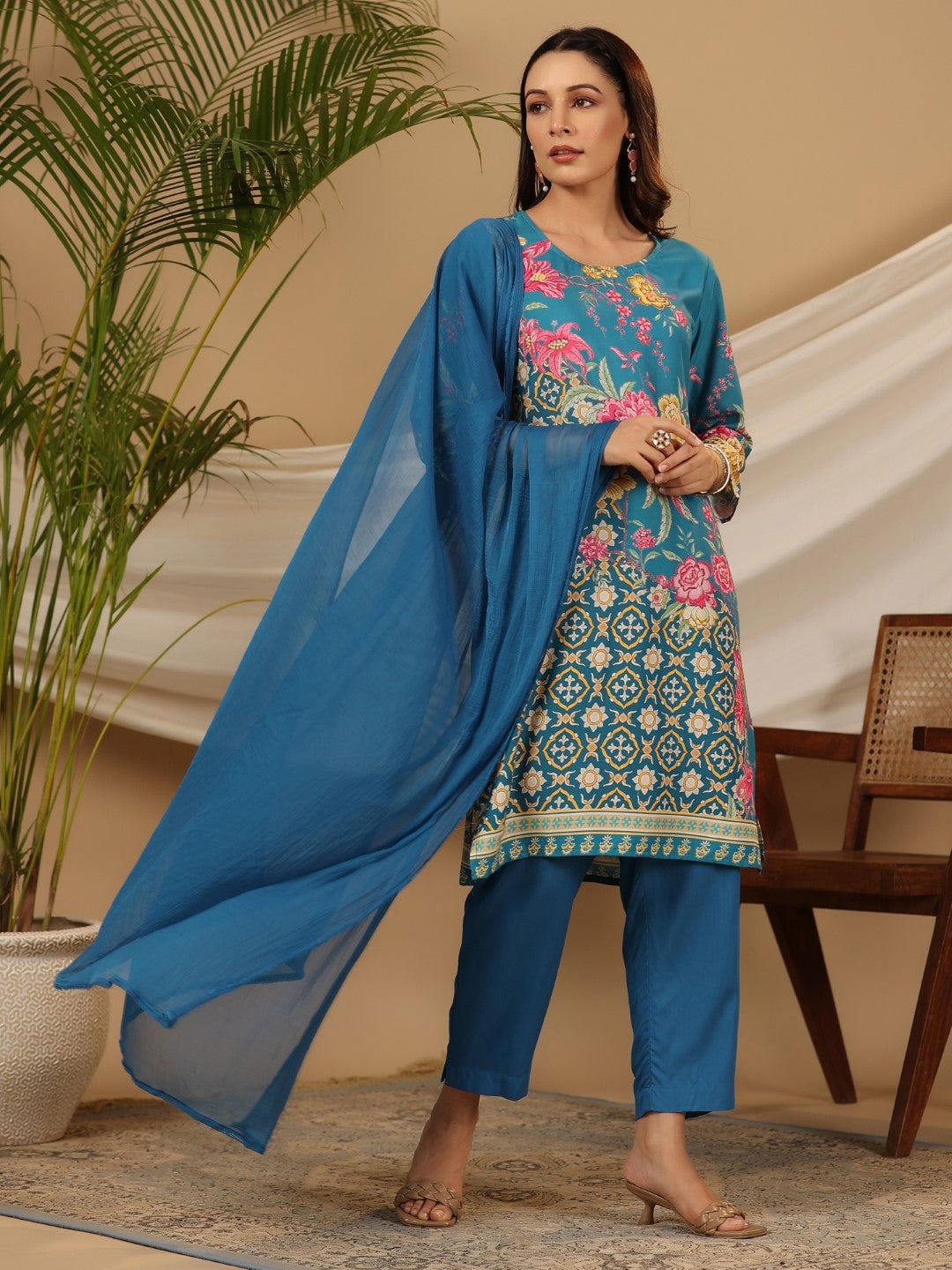 Blue Floral Printed Rayon Kurta Pants & Dupatta Set With Sequins Work 