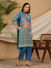 Juniper Blue Floral Printed Rayon Kurta Pants & Dupatta Set With Sequins Work 