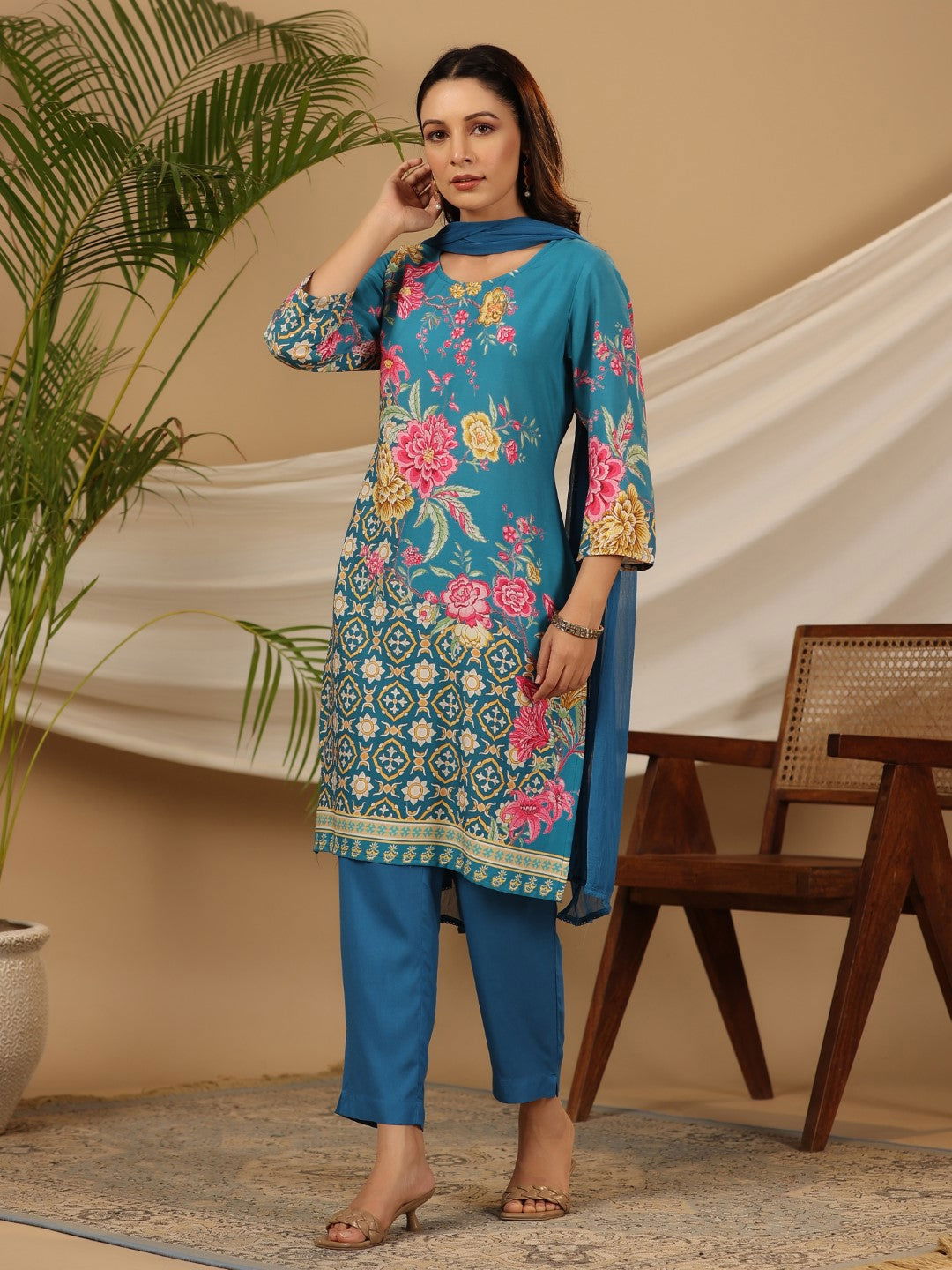 Blue Floral Printed Rayon Kurta Pants & Dupatta Set With Sequins Work 
