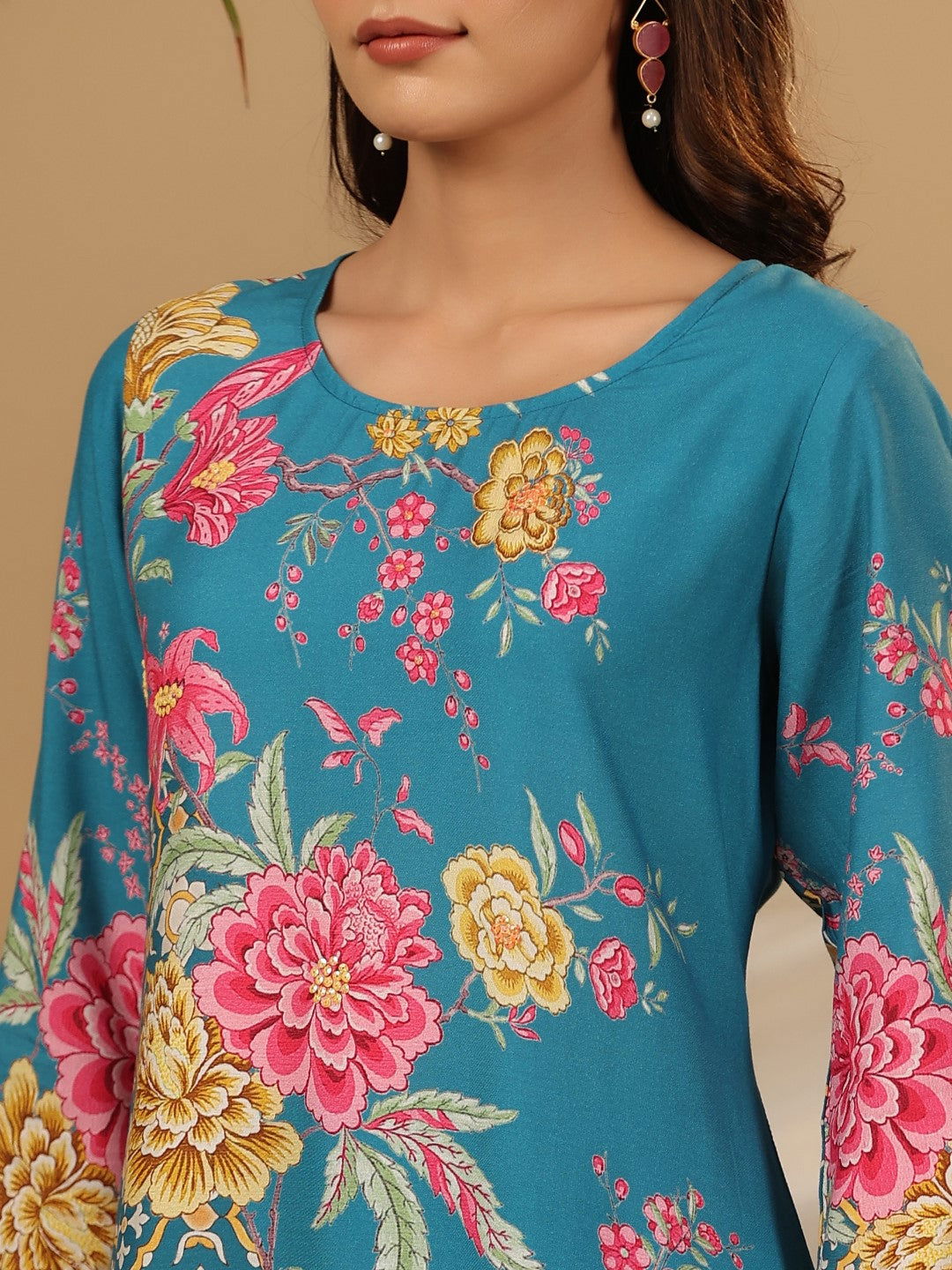 Blue Floral Printed Rayon Kurta Pants & Dupatta Set With Sequins Work 