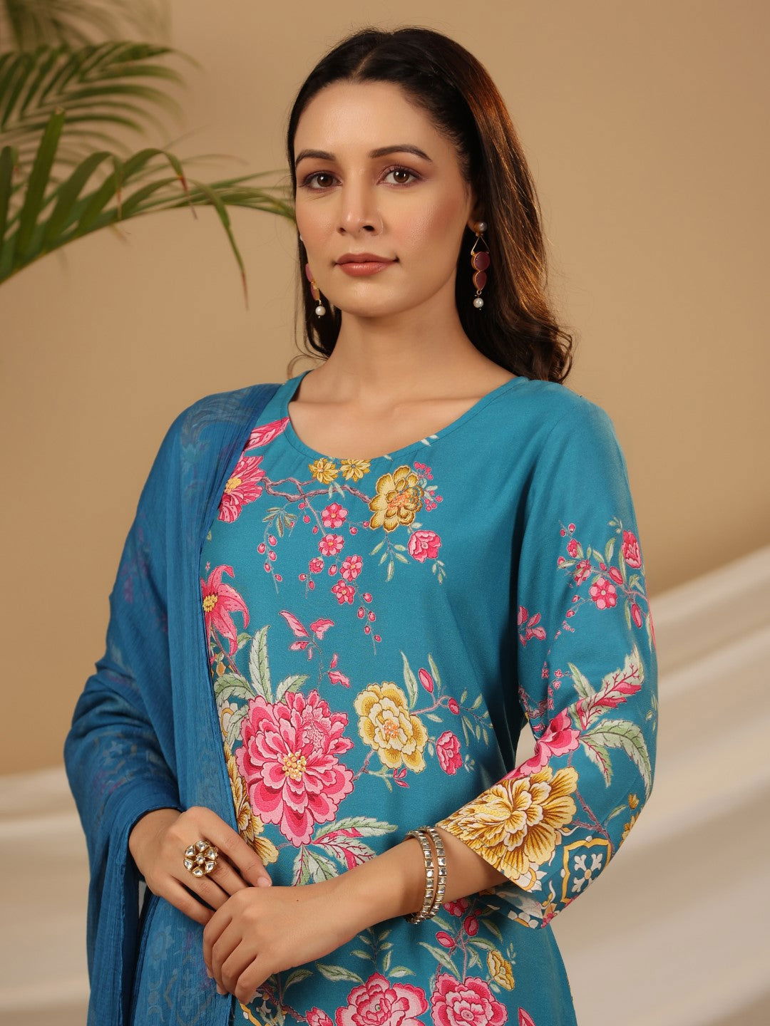 Blue Floral Printed Rayon Kurta Pants & Dupatta Set With Sequins Work 
