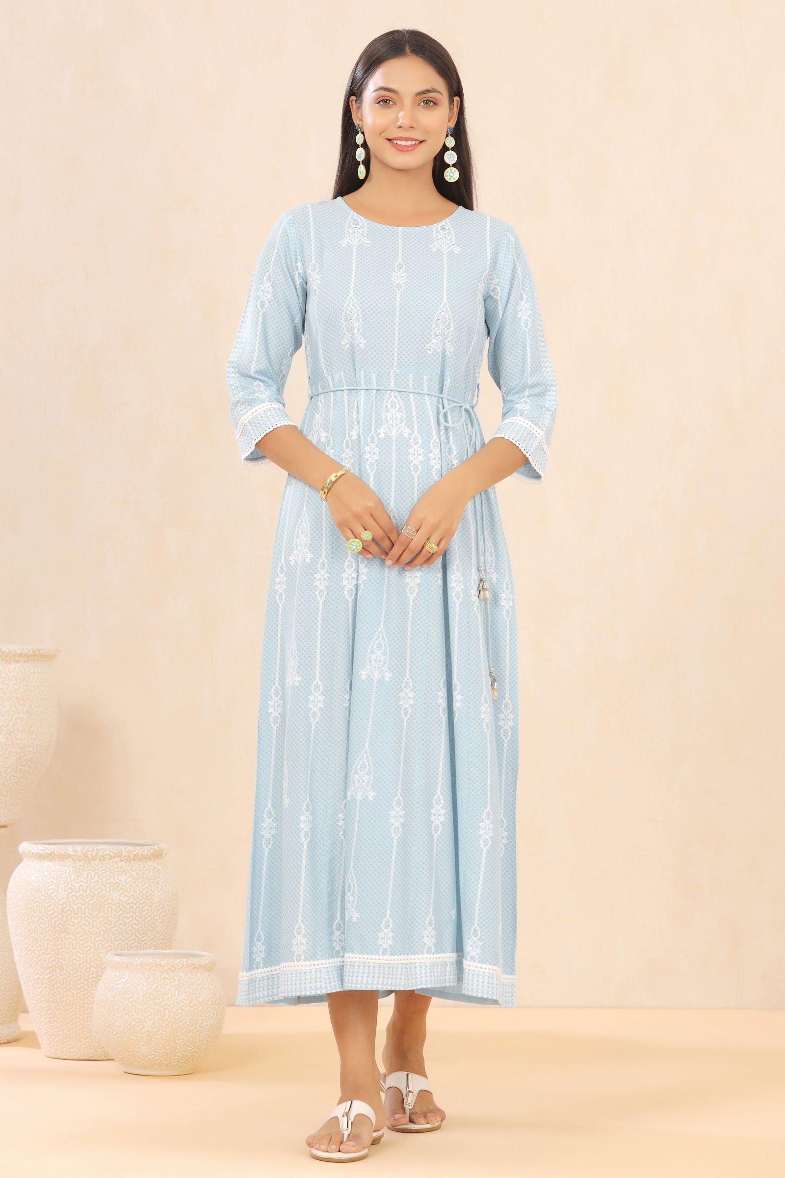 Blue LIVA Rayon Printed Anarkali Dress with Tie-up Dori | DesiQlo