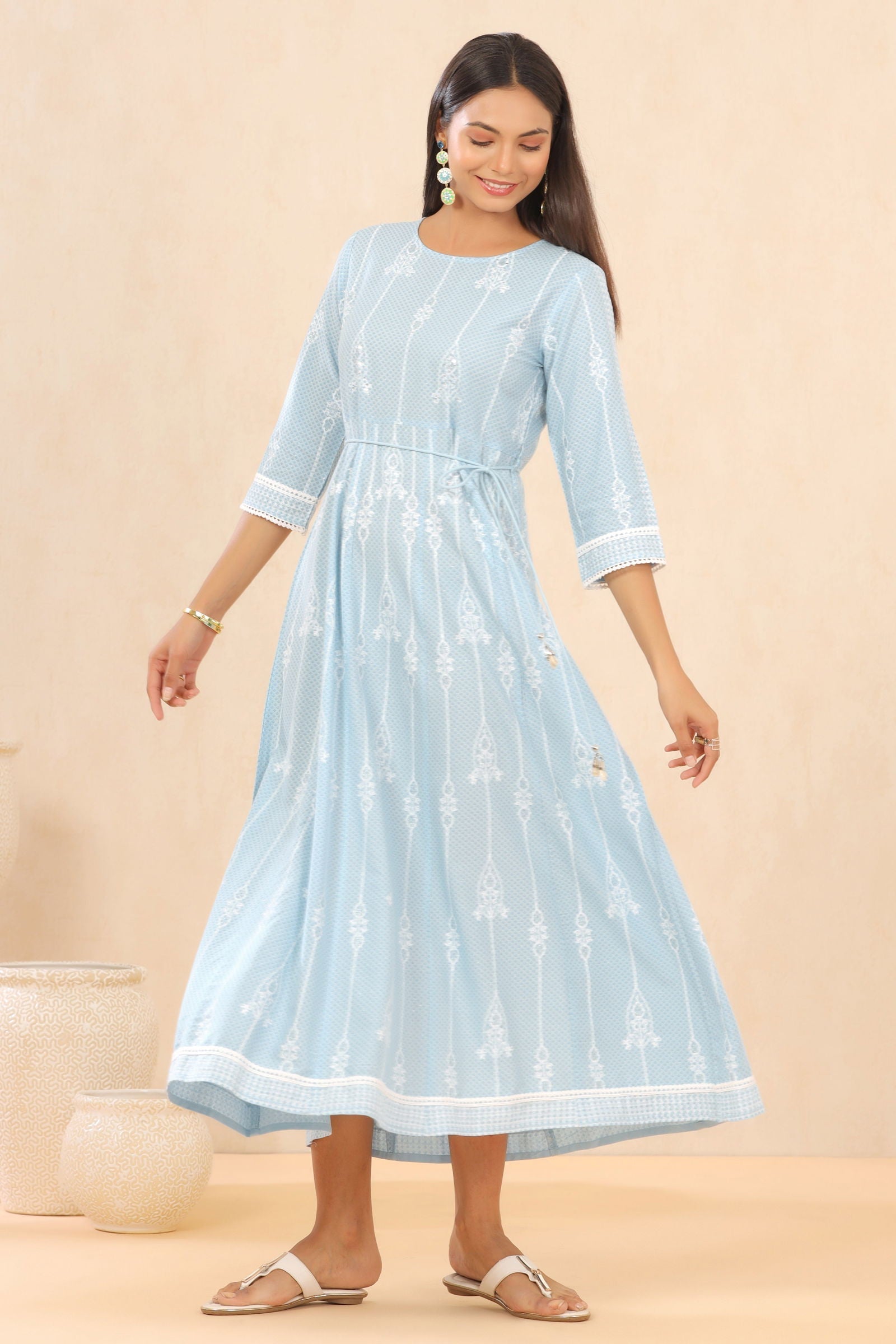 Blue LIVA Rayon Printed Anarkali Dress with Tie-up Dori | DesiQlo