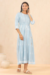 Juniper Blue LIVA Rayon Printed Anarkali Dress with Tie-up Dori 