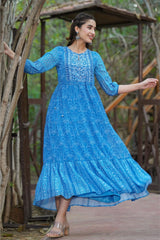 Juniper Blue Paisley Printed Georgette Tiered Maxi Dress. 