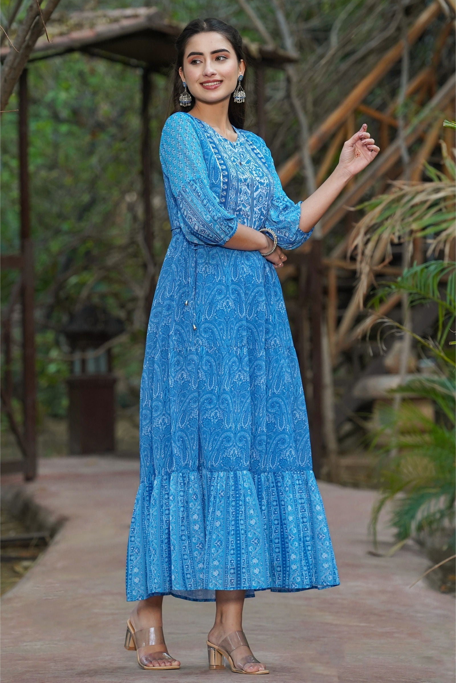 Blue Paisley Printed Georgette Tiered Maxi Dress | DesiQlo