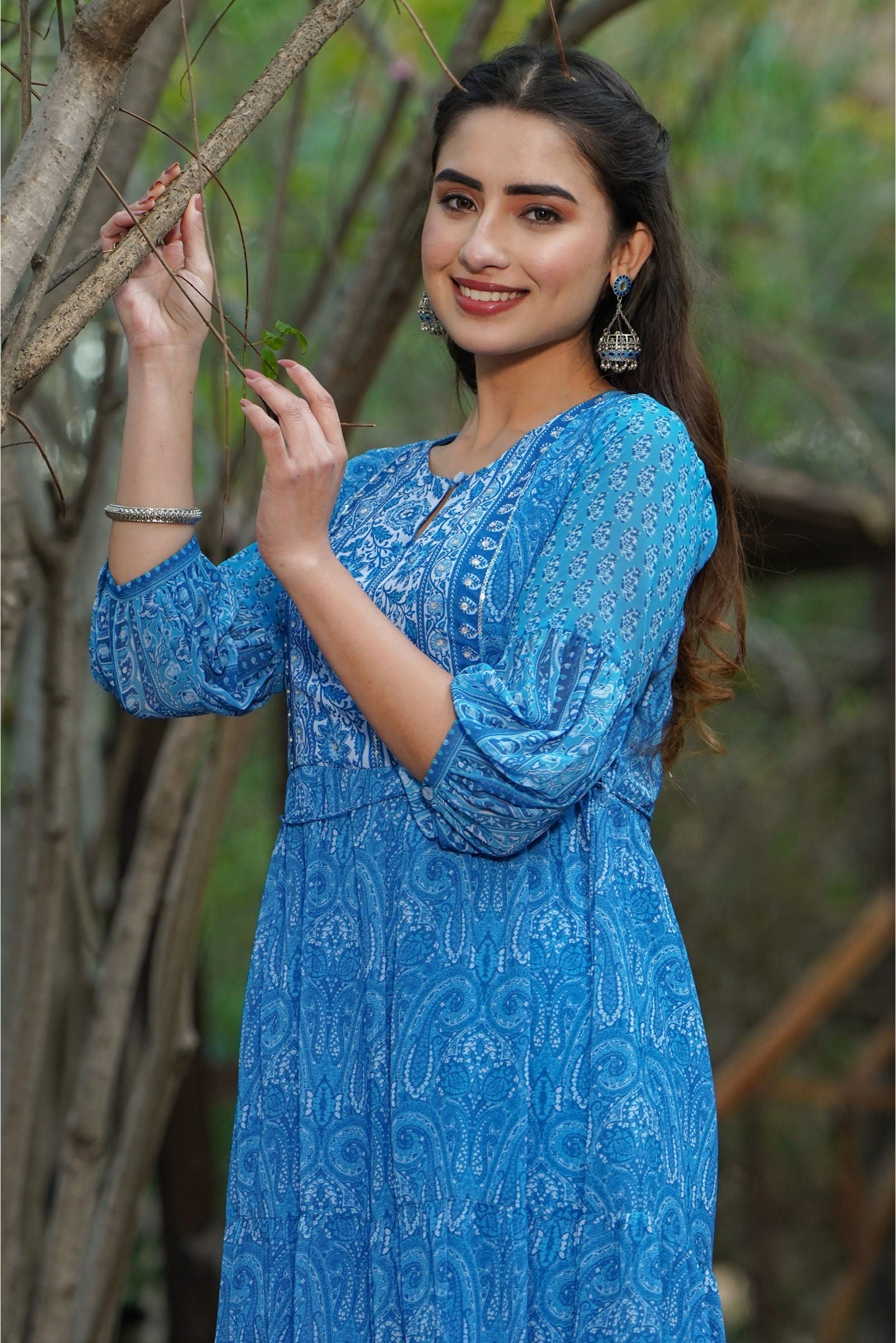 Blue Paisley Printed Georgette Tiered Maxi Dress | DesiQlo