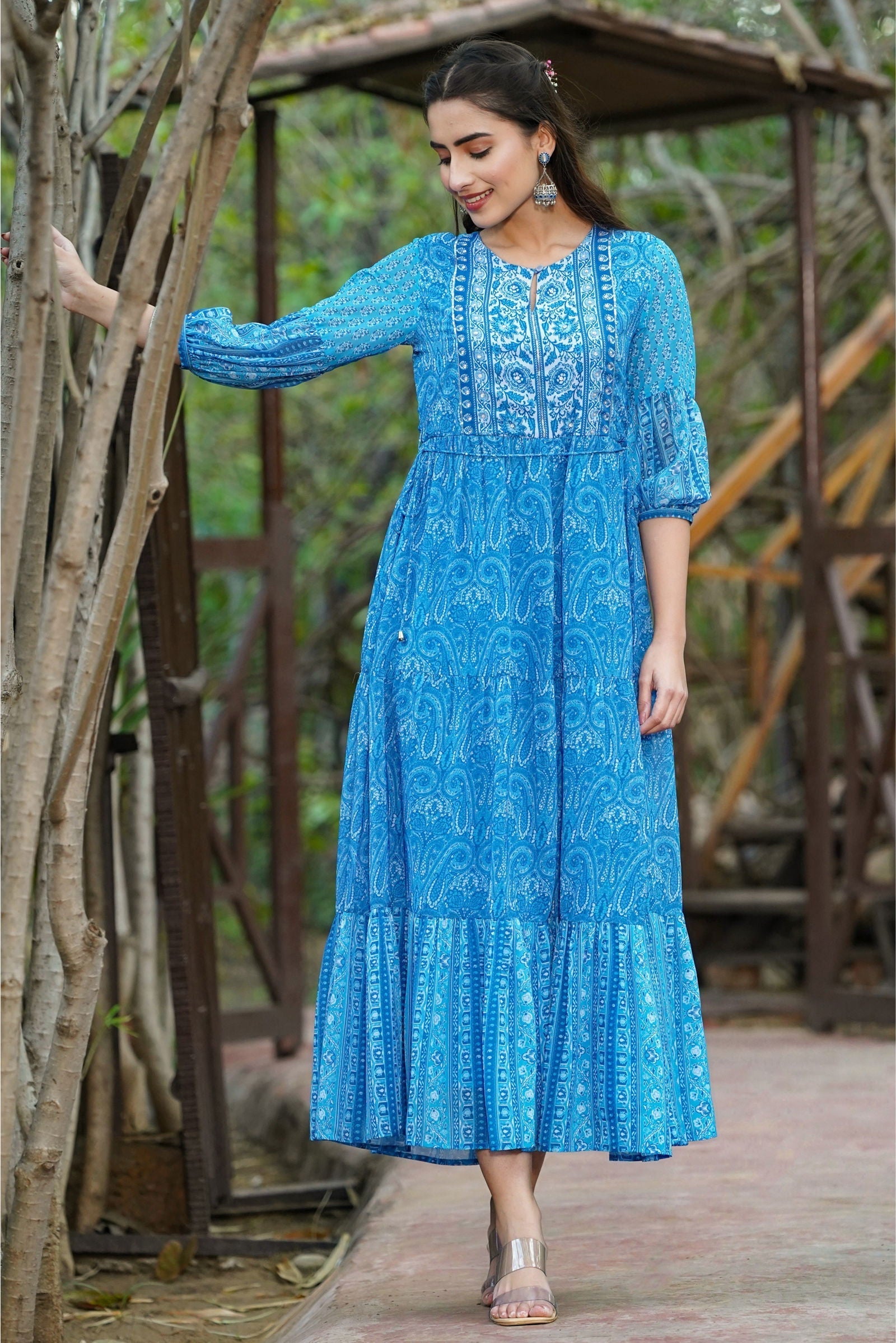 Blue Paisley Printed Georgette Tiered Maxi Dress | DesiQlo