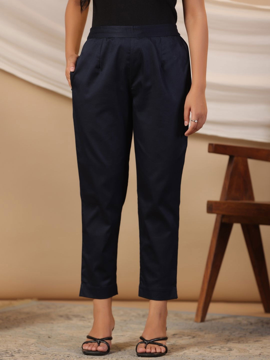 Blue Solid Lycra Women Drawstring Pants With Single Side Pocket | Desi