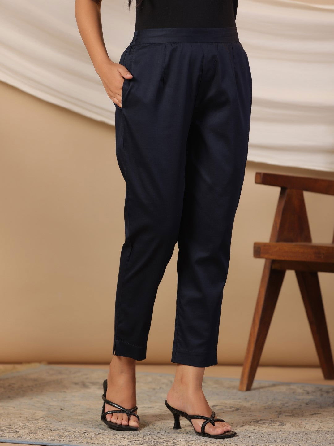 Blue Solid Lycra Women Drawstring Pants With Single Side Pocket | Desi