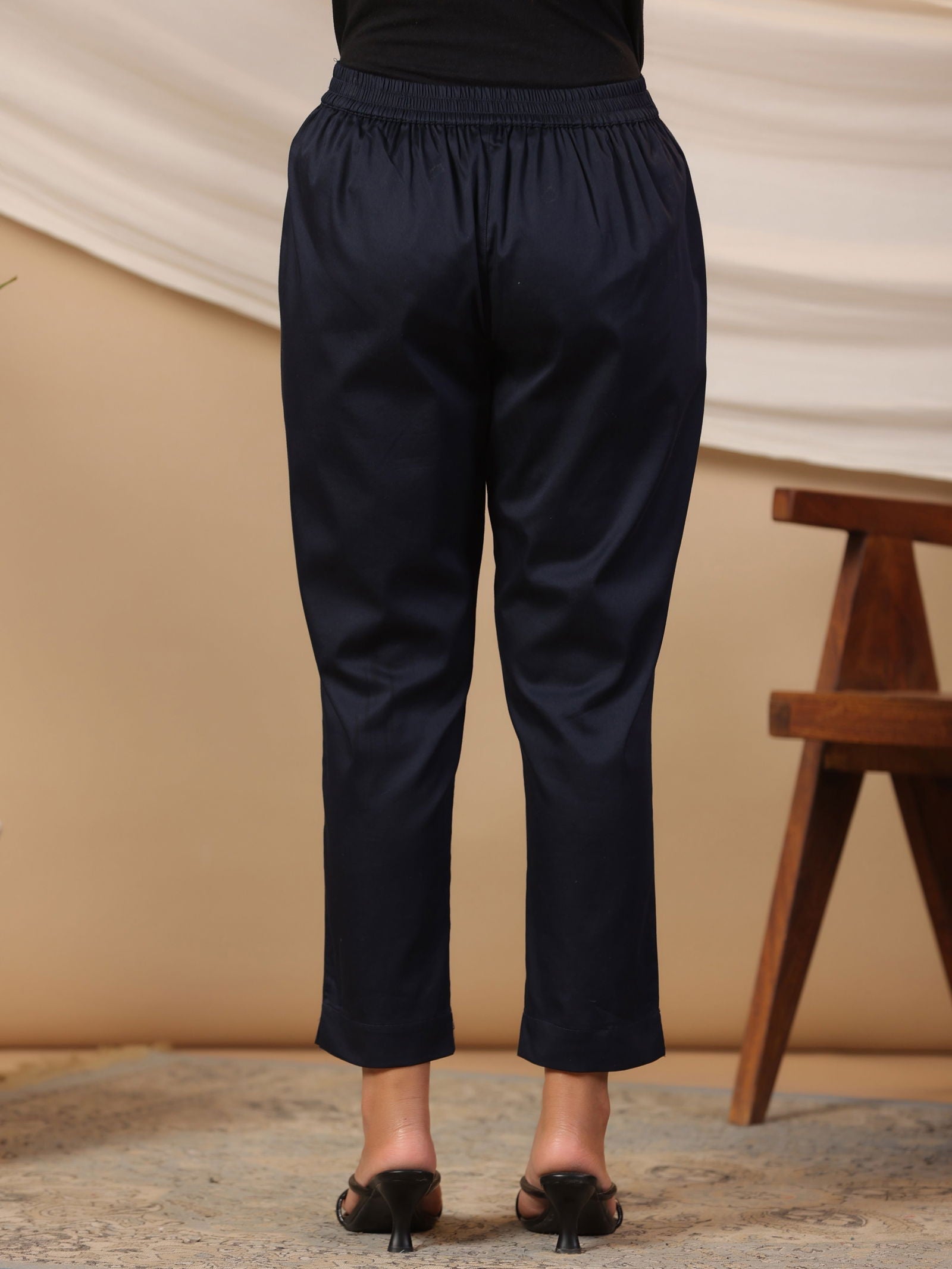 Blue Solid Lycra Women Drawstring Pants With Single Side Pocket | Desi