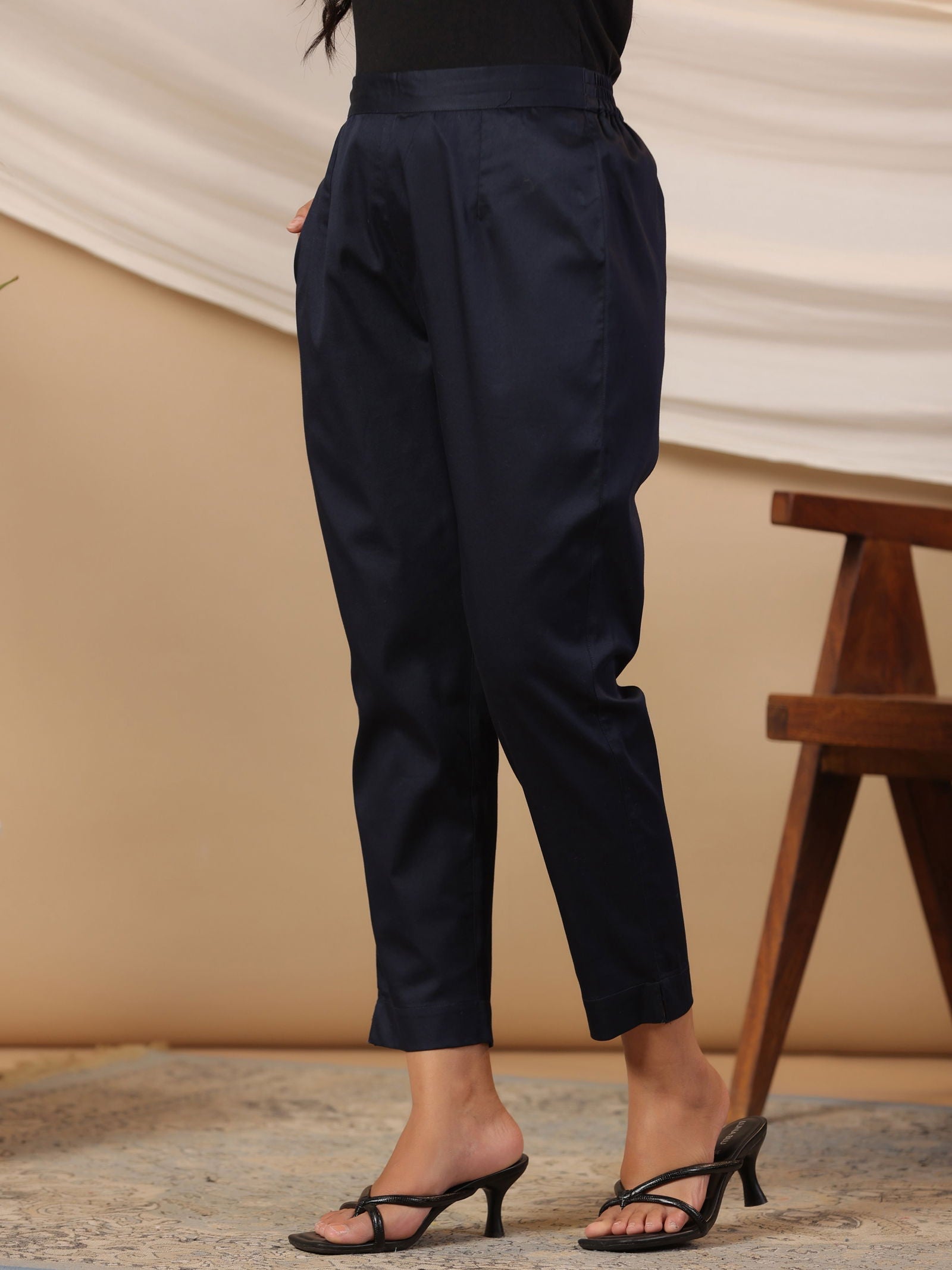 Blue Solid Lycra Women Drawstring Pants With Single Side Pocket | Desi