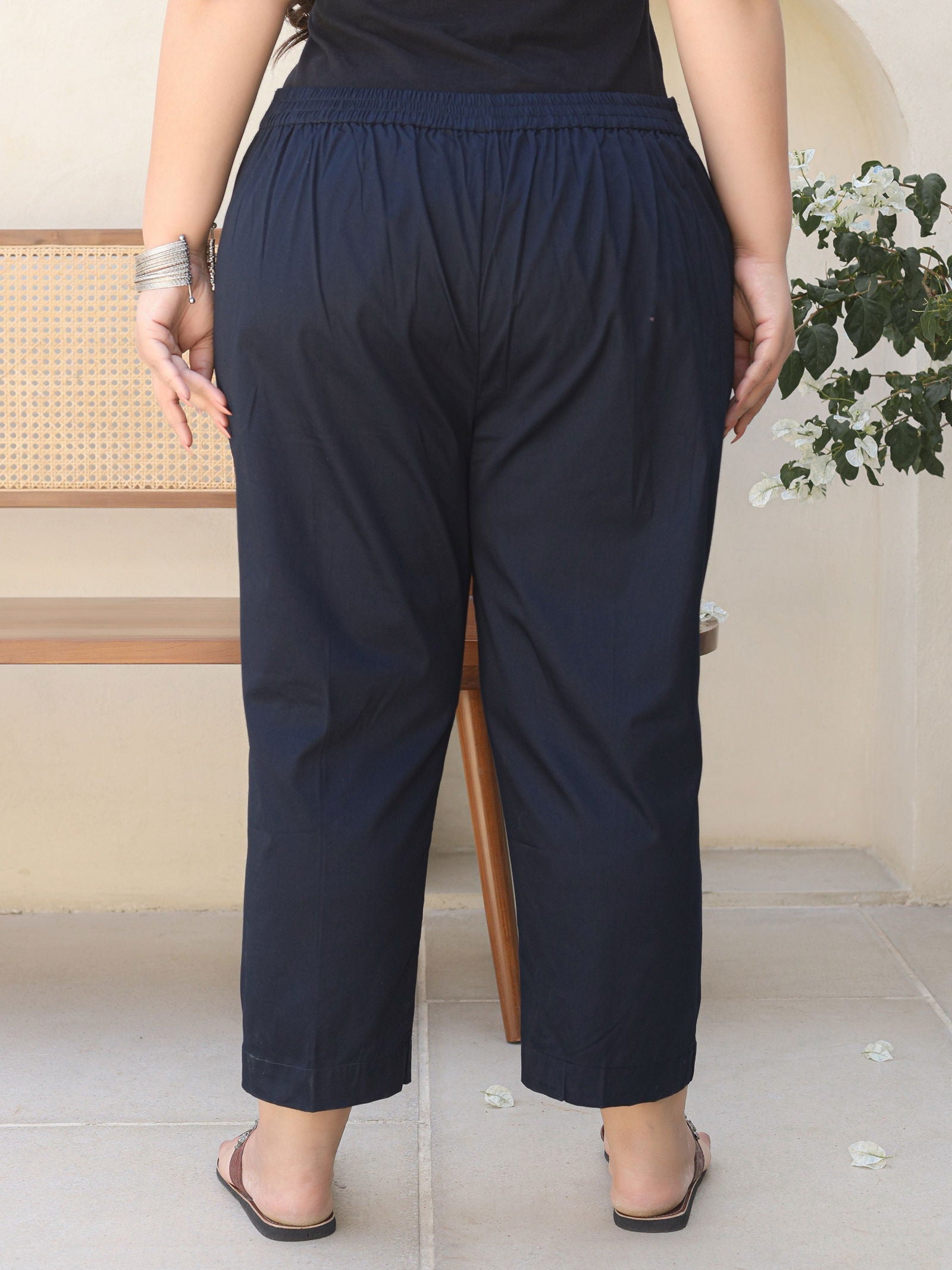 Blue Solid Lycra Women Drawstring Plus Size Pants With Single Side Poc