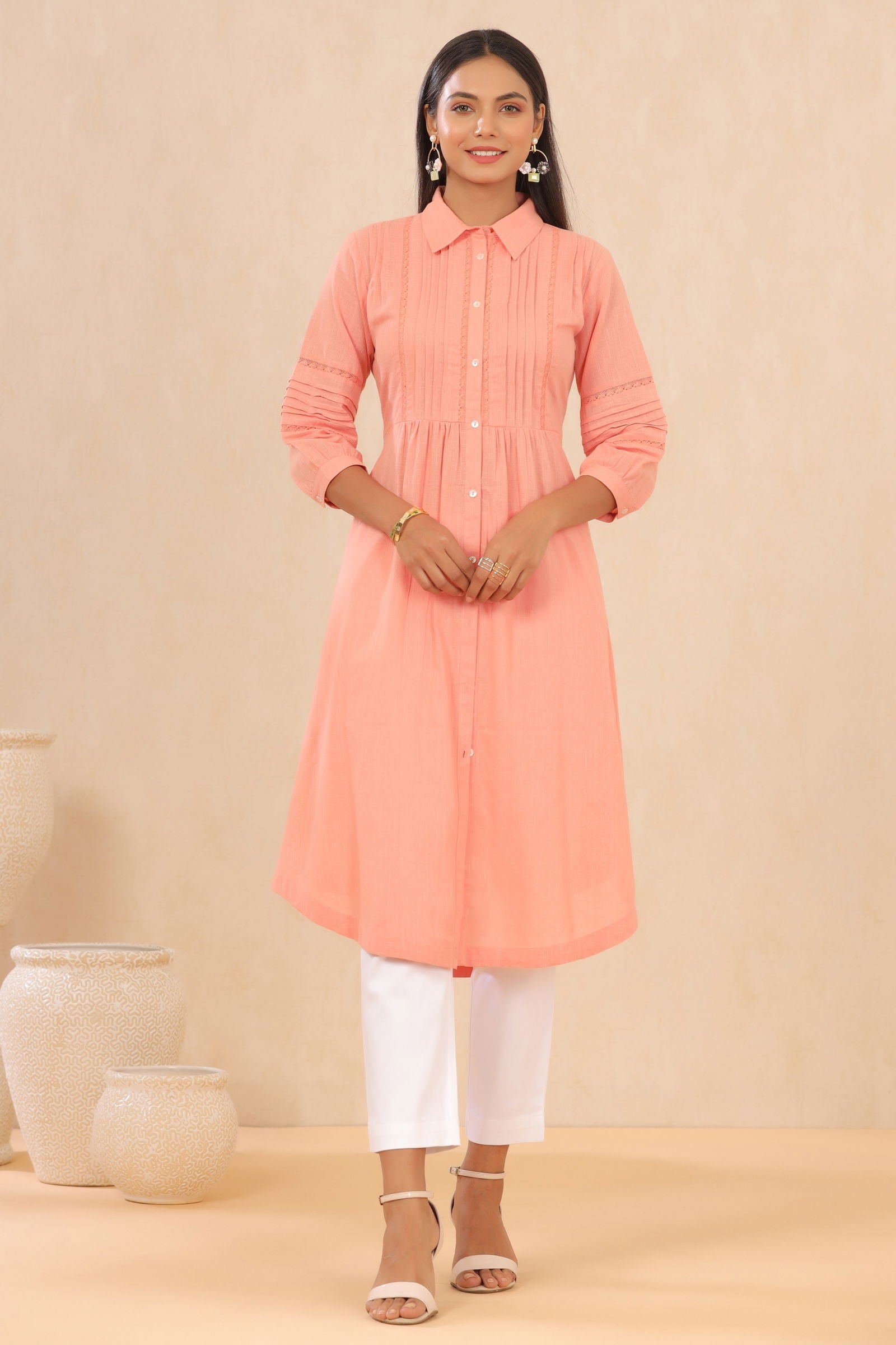Blush Pink Cotton Slub Solid A-Line Midi Dress | DesiQlo