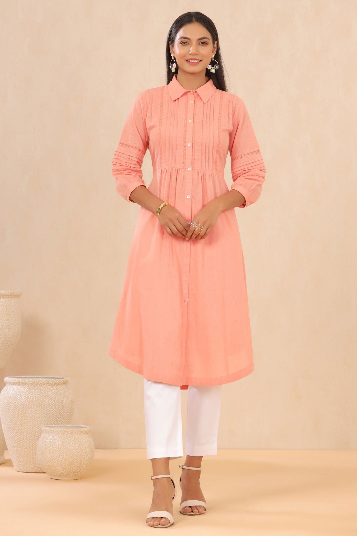 Juniper Blush Pink Cotton Slub Solid A-Line Midi Dress. 