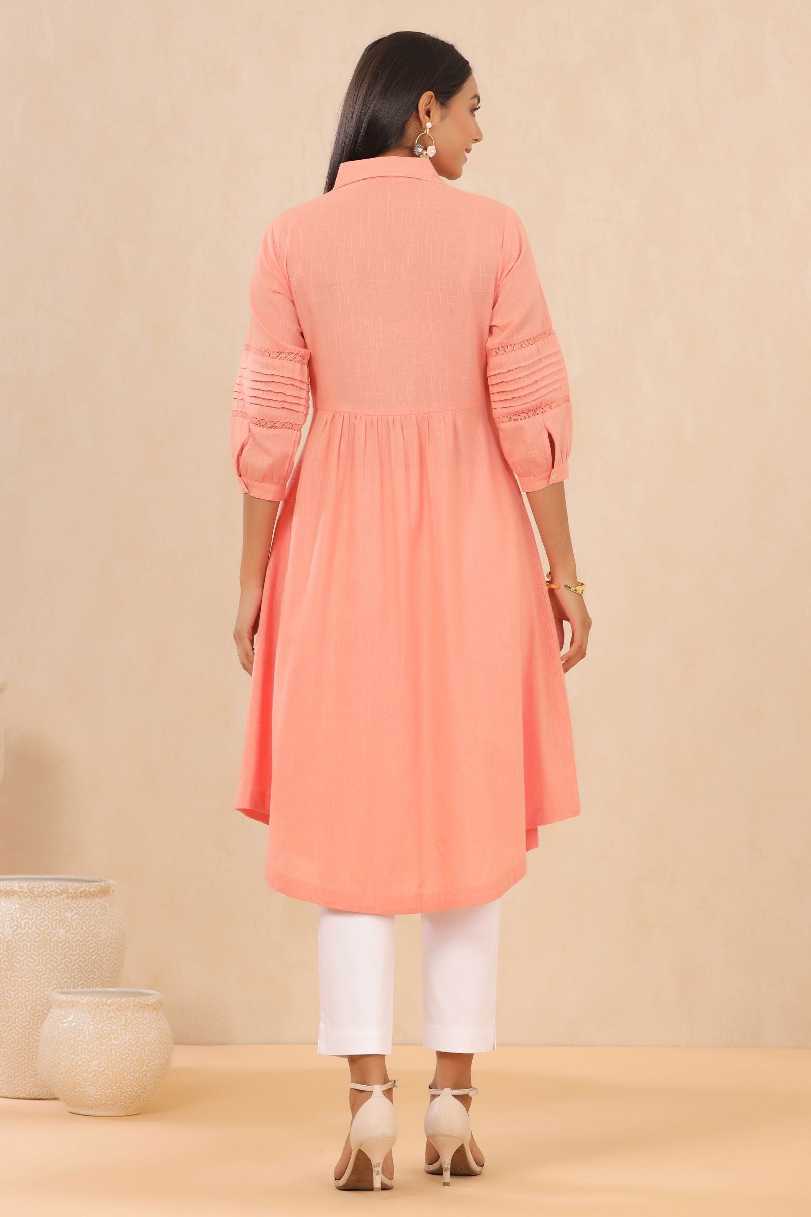 Blush Pink Cotton Slub Solid A-Line Midi Dress | DesiQlo