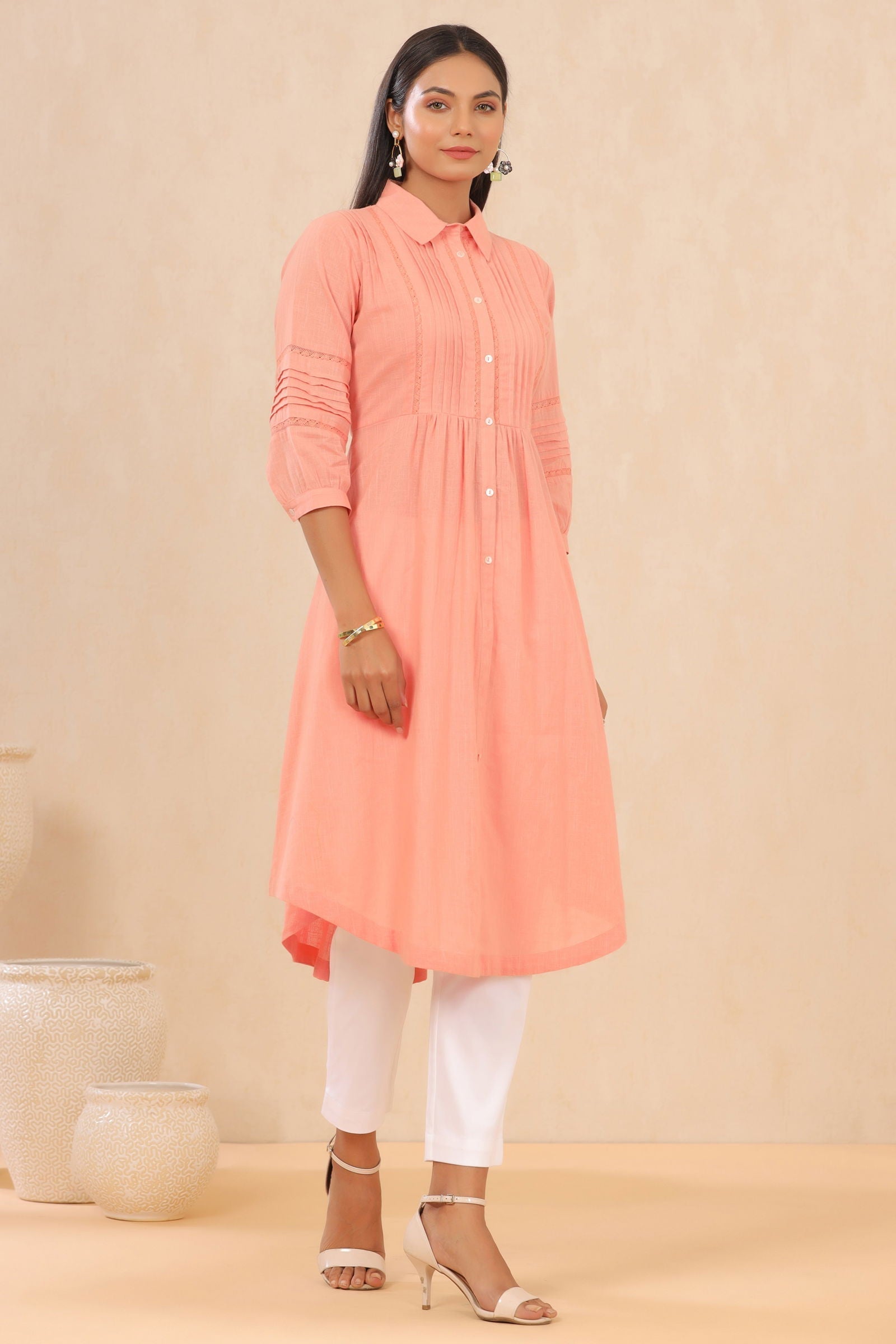 Blush Pink Cotton Slub Solid A-Line Midi Dress | DesiQlo